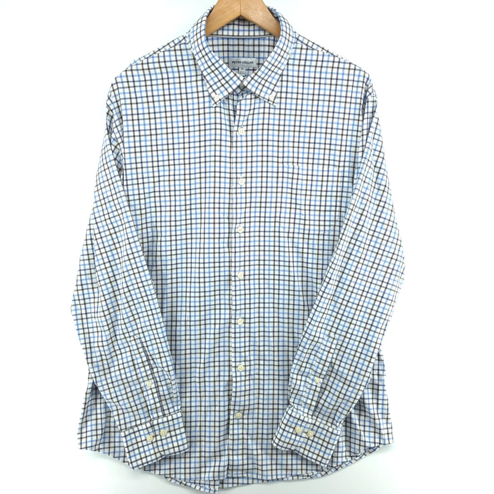 Peter Millar Mens Shirt Cotton-Stretch Plaid Blue Brown XL Calgary Crown Lite